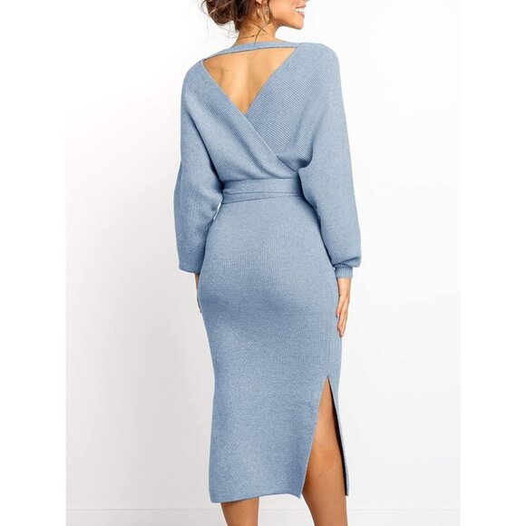 Women's Sweater Dress Wrap Batwing V Neck Slit Bodycon Dress with Belt Blue - Picture 3 of 7